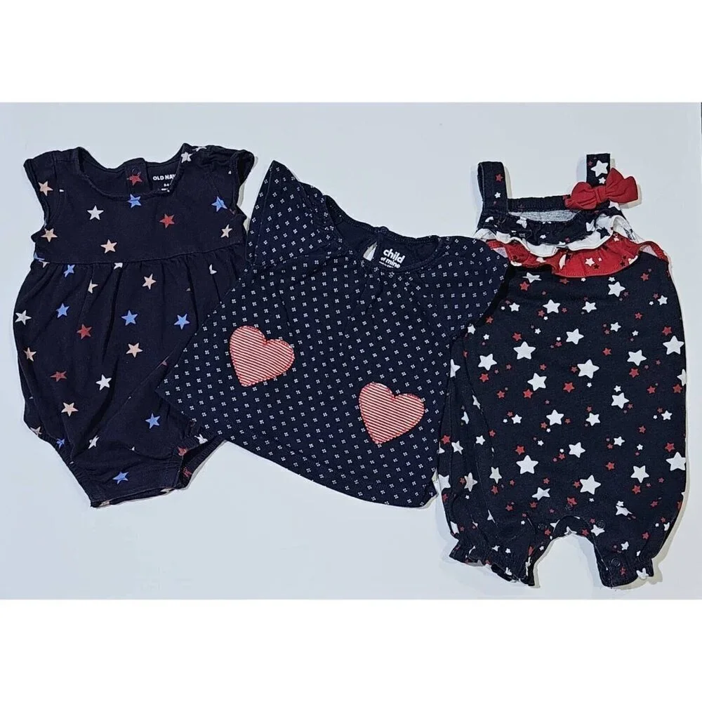 Patriotic 4th of July Baby Girl 3-6 Months Clothes Lot Shirt Romper Bodysuit RWB